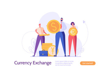 People exchange money in different currency with coins euro dollar  yen. Concept of banking, currency exchange, digital currencies. Vector illustration in flat design for UI, web banner, mobile app - obrazy, fototapety, plakaty
