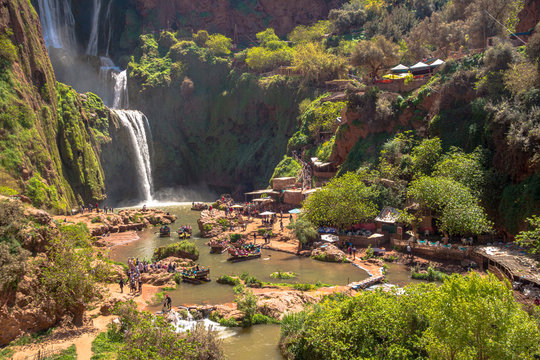 Tourists at Ourika water falls near Marrakesh in Morocco in summer