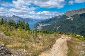 Fototapeta na wymiar Queenstown Hill Summit hiking trail with view of Lake Wakatipu, New Zealand