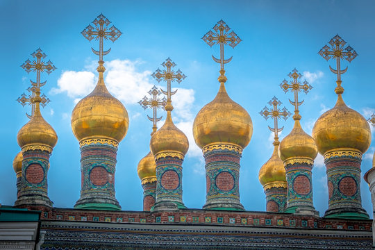 Verkhospasskiy Sobor - Golden onion towers of church inside Kremlin, Moscow, Russia