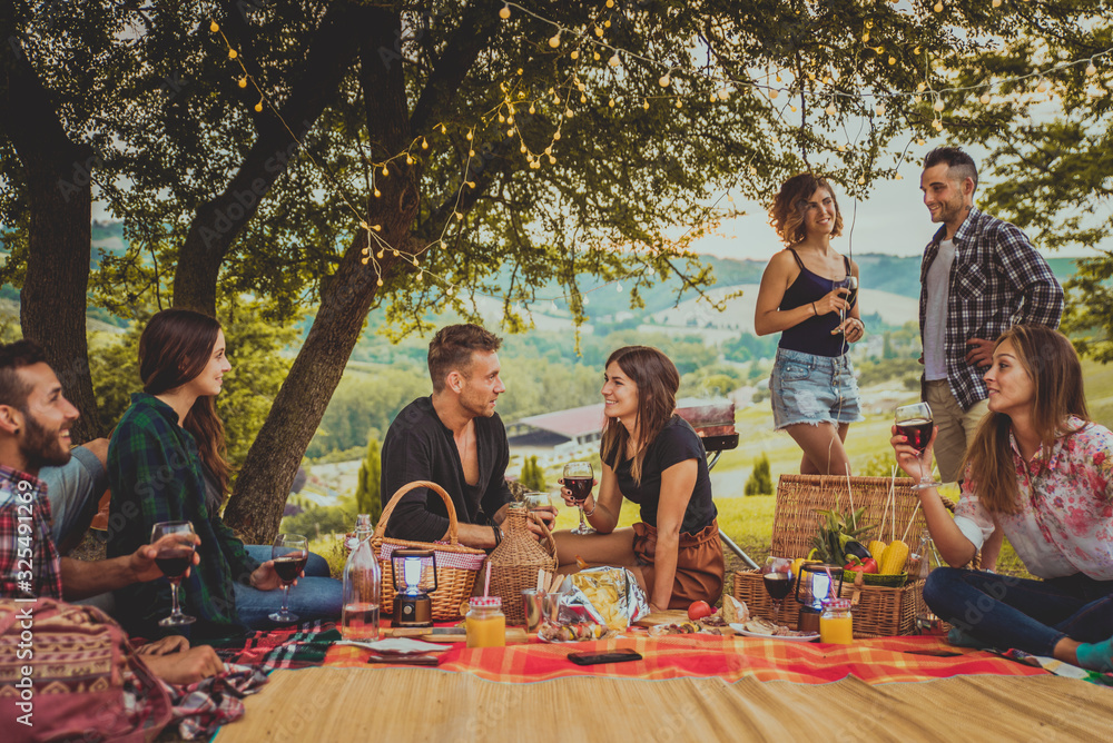 Wall mural group of friends eating in the nature