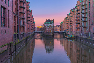 Water castle in Speicherstadt at sunrise in Hamburg, Germany
