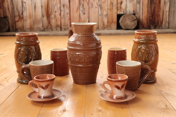 Russian national old traditional tableware, mugs, decanter