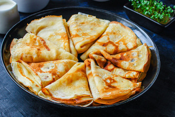 crepes Tasty dessert (thin pancakes, healthy breakfast) menu concept. background. top view. copy space