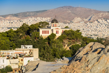 View of Athens from Areopagus. Famous places in Athens - capital of Greece. Ancient monuments.