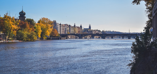 View of Vysehrad, bridges and river in Prague in autumn III