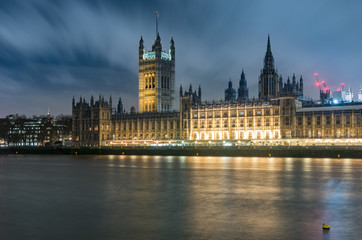London in the night, Houses of Parliament (Palace of Westminster) over river Thames