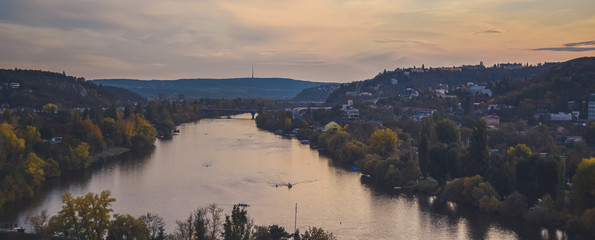 Vltava river in sunset from Vysehrad, Prague, Czech Republic