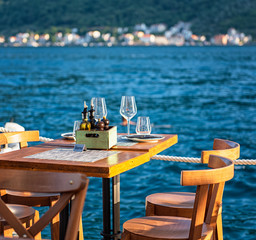 Beautiful restaurant at the sea, afternoon, eating out concept
