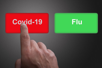 Red and green buttons with Covid-19 and Flu and pointing finger, on a gray gradient background, on Covid 19
