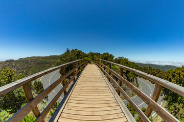 Pedestrian bridge across the main road. Relict forest on the slopes of the mountain range of the Garajonay National Park. Paradise for hiking. Fish eye lens shot. Travel postcard. La Gomera, Spain