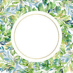 Watercolor hand painted botanical spring leaves and branches illustration round frame isolated on white background