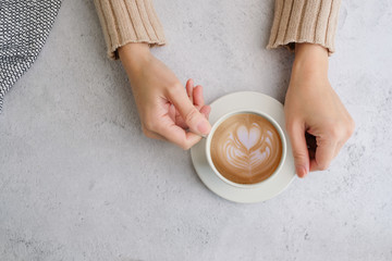 Coffee cup and beans top view with copyspace . flat lay latte for menu, background, banner and advertisement. brew caffeine drink and modern style.