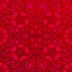 Fototapeta premium Eastern ethnic motif, traditional indian henna ornament. Seamless pattern, background in red colors. Vector illustration.