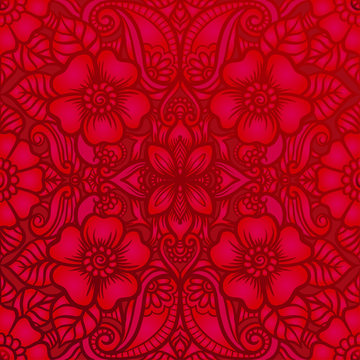 Eastern ethnic motif, traditional indian henna ornament. Seamless pattern, background in red colors. Vector illustration.