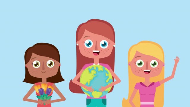 interracial girls lifting world planet animation