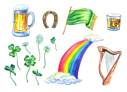 Set for St. Patrick's Day: beer in a mug, a glass of whiskey, clover, horseshoe, rainbow, Celtic harp, flag, watercolor painting on a white background, clipart, isolated.