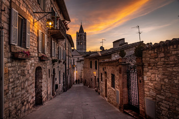 Little street of Assisi at sunset