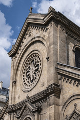 Architectural fragments of Eglise Notre-Dame-des-Champs (Notre-Dame of the Fields, 1876) at boulevard du Montparnasse. Paris, France.