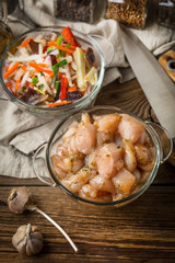 Raw chicken fillet breast cut into pieces.
