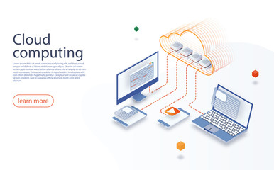 Big data flow processing concept. Cloud Technology illustration. Cloud computing technology users network configuration. Cloud data storage isometric illustration. Data center with digital devices