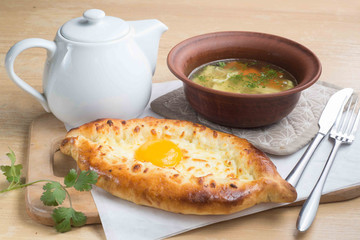 business lunch of khachapuri, soup and tea. Georgian Restaurant