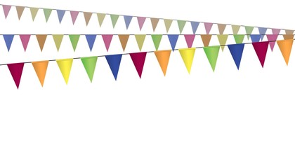 triangular colorful flags on three straight lines making fan, vector of garland isolated on white background