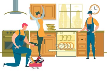Happy Woman Rejoice for Plumbers Repair Dishwasher