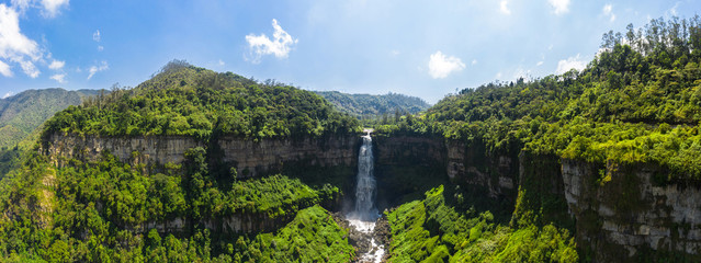 Aerial view of the El Salto de Tequendama, one of the most imposing waterfalls in Colombia, fed by the polluted Bogota river - obrazy, fototapety, plakaty