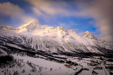 Winter Stuora Sjursnes tindane mountain in Northern Norway