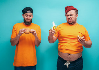 Portrait of man before and after weight loss. Sport or fast food. Sport motivation. Rejection of...