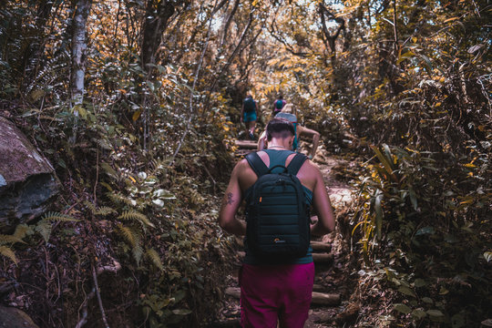 fotografia de joven realizando trekking en la selva