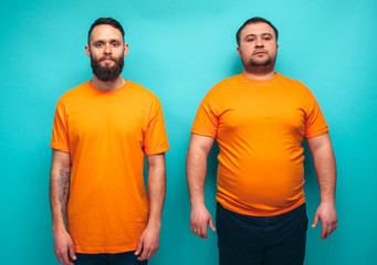 Portrait of man before and after weight loss. Sport or fast food. Sport motivation. Rejection of...