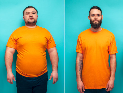 Portrait of man before and after weight loss. Sport or fast food. Sport motivation. Rejection of unhealthy lifestyle. Vegetarian, before after.