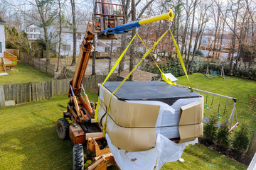 Construction industry details in progress boom truck forklift with jacuzzi - obrazy, fototapety, plakaty