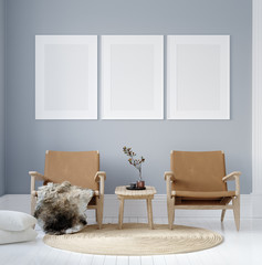 Mockup poster in modern living room interior in pastel colors, 3D render