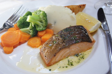 Salmon Steak with Vegetables - Carrots, Broccoli, Potato