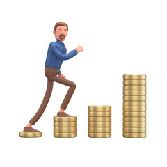 Cartoon character business man and coins goes success financial.