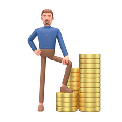 Cartoon character business man and coins goes success financial.