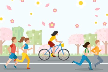 People running and cycling, active healthy lifestyle, vector illustration. Men and women cartoon characters, outdoor sport activity. Spring flowers and blooming trees, people jogging, fitness runners