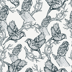 Vintage simple summer birds background. fashion seamless pattern, floral ornament, retro style fabric for decoration and design.