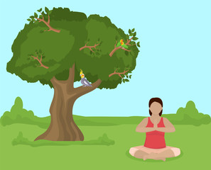 Obraz na płótnie Canvas Meditating young woman sitting in lotus yoga position on nature vector illustration. Girl practices yoga outdoor in open air. Healthy lifestyle, wellness, sport and activity. Tree, parrot birds.