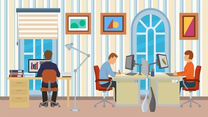 Office staff working business team workplace vector illustration. People man, woman employee sitting at computer desks by job in open space corporate company room interior.