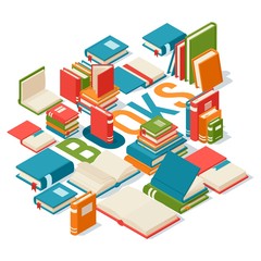 Isometric books, banner for library or bookstore, vector illustration. Typography poster with many different books, closed and open with blank pages. Symbol of knowledge and education, library poster