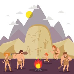 Primitive people cartoon characters, stone age cavemen, vector illustration. Prehistoric man and woman at bonfire in mountains, barbarian tribe people. Primitive drawings on rock, stone age human