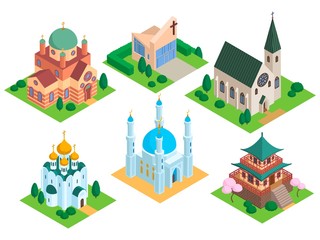 Church isometric vector temple religion building. Illustration of catholic, christian and muslim architecture. Chapel tower, palace and mosque cultural landmark isolated on white.