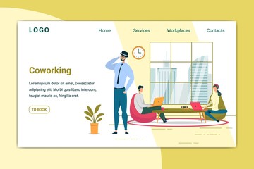 Obraz na płótnie Canvas Coworking Space Flat Landing Page Vector Template
