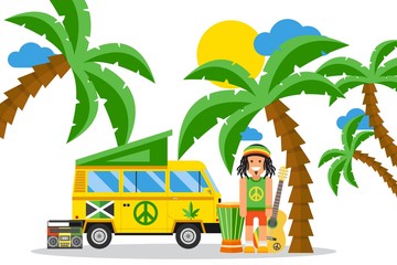 Rastafarian cartoon character on Jamaica, hippie van and musical instruments, vector illustration. Simple flat style scene, summer leisure on tropical island, Jamaican culture and reggae music