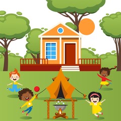 Children playing with tent outdoor, happy kids running around campfire, vector illustration. Summer activity in kindergarten, cheerful boys and girls playing in backyard. Cute cartoon character people