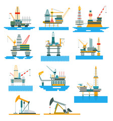 Oil rigs fuel industry platform vector illustration. Set of offshore and land exploration and boring of mineral oil. Drilling and pumping industrial equipment for technological process of gasoline